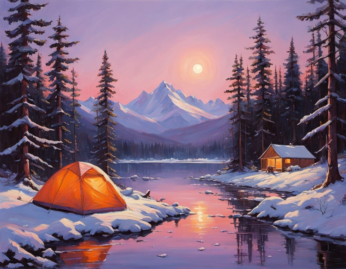 A serene winter camping scene in a snow-covered forest during twilight. The campsite features a small, ...  by @CavDad 
