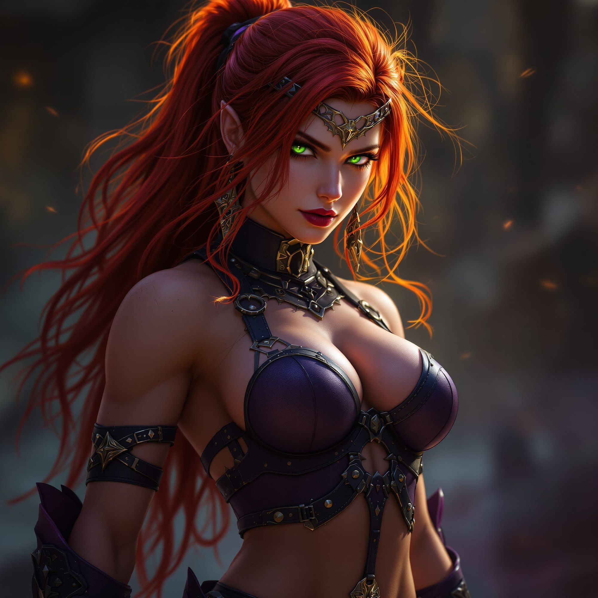  Muscular red haired woman with green eyes and glasses wearing attractive harness, a masterpiece, 8k resolution, dark fantasy concept art, b...