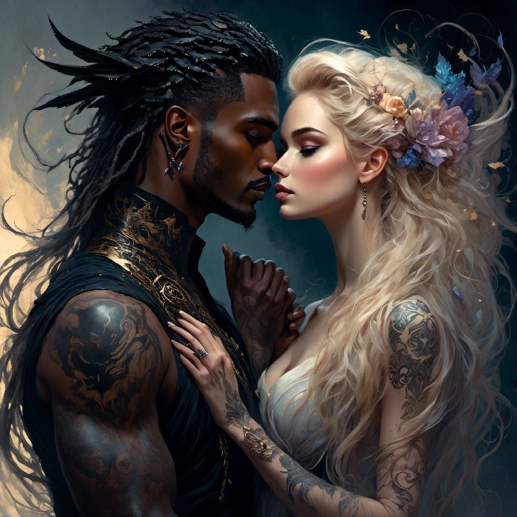 <lora:FantasyLove:1.0> Stunning female light haired fae and male dark high lord  with dark black whirls of tattoos