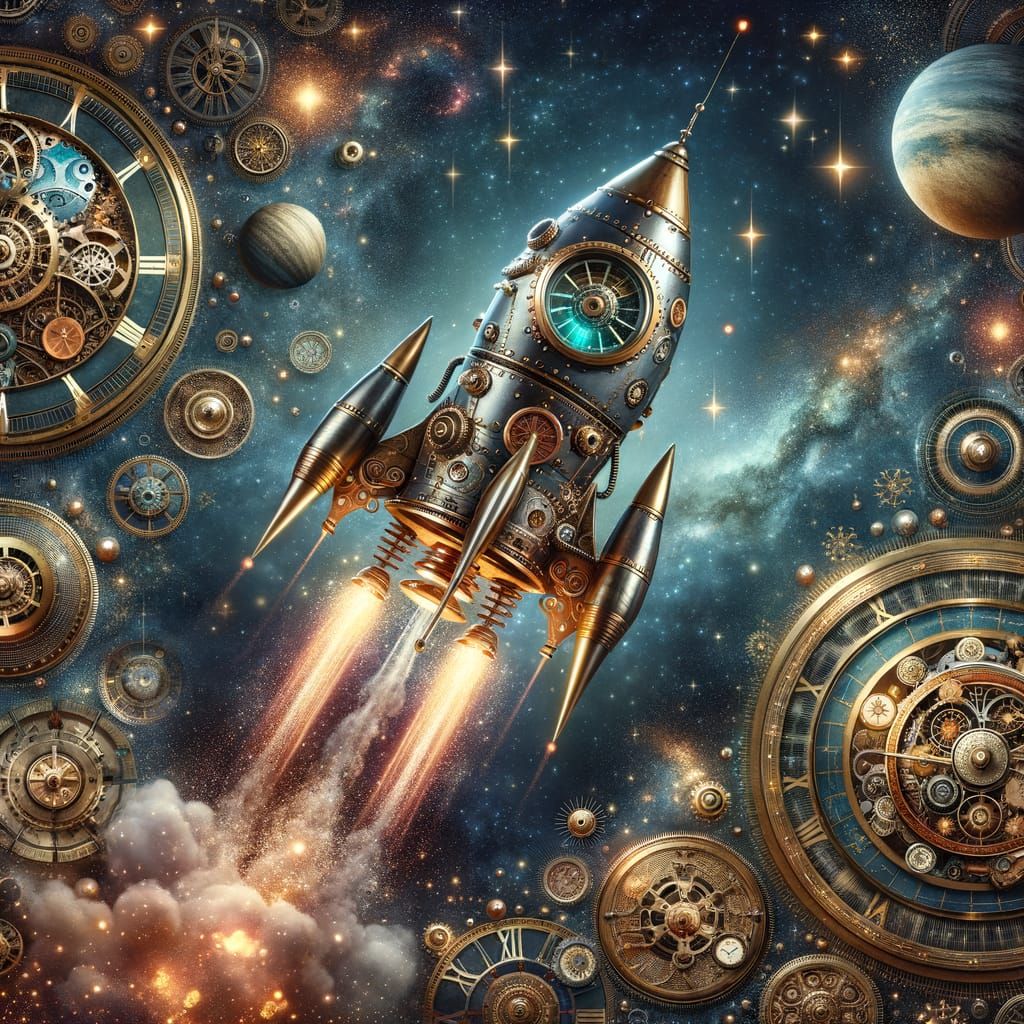 A steampunk-inspired rocket ship soaring through a cosmos of clockwork stars and brass-plated planets ...  by @RocketCat