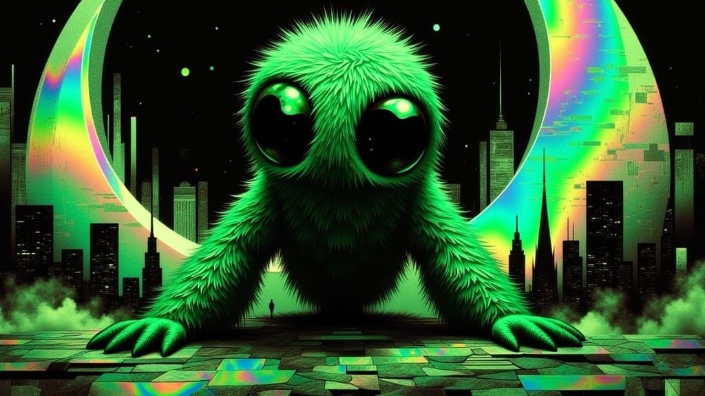 perfect limbs, high contrast,  <lora:GlitchFoilFlux:1.0>, a huge fuzzy monster with huge eyes,green glitch art print style rough patchy abst...