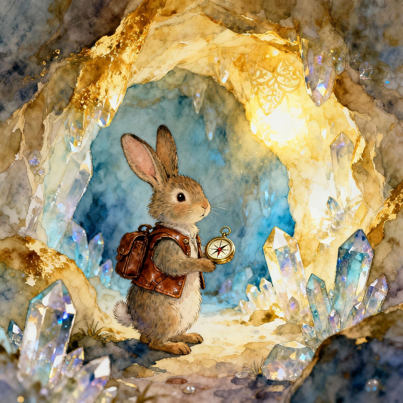 Whimsical Rabbit Adventurer at Glowing Crystal Cave Entrance