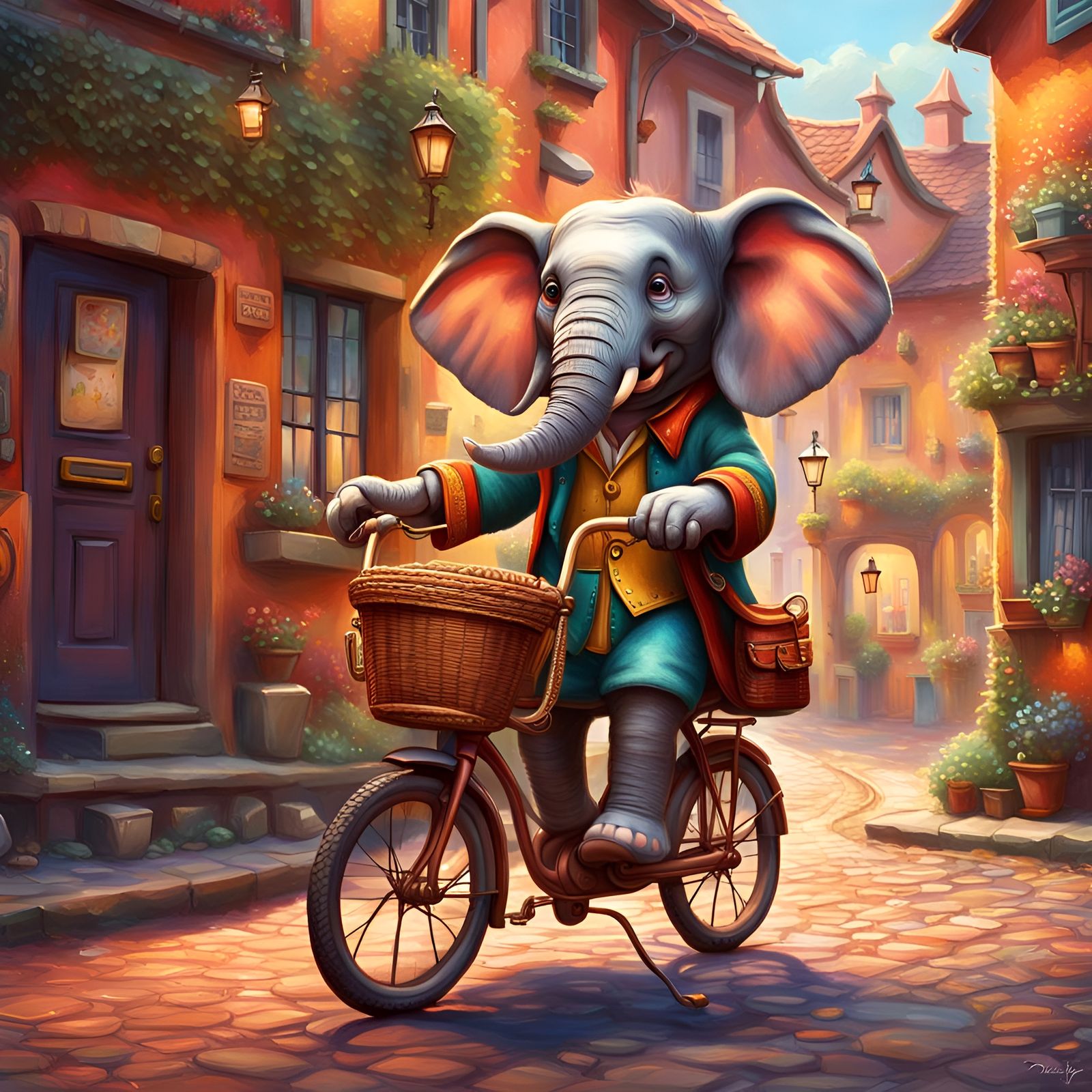 Closeup, A cute anthropomorphic elephant riding a bikecycle on a copper stone street in a cosy old-fashioned ...  by @Tolino