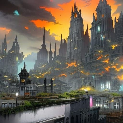 Evil hero , scary, badass, very dark sky, centered, cityscap...