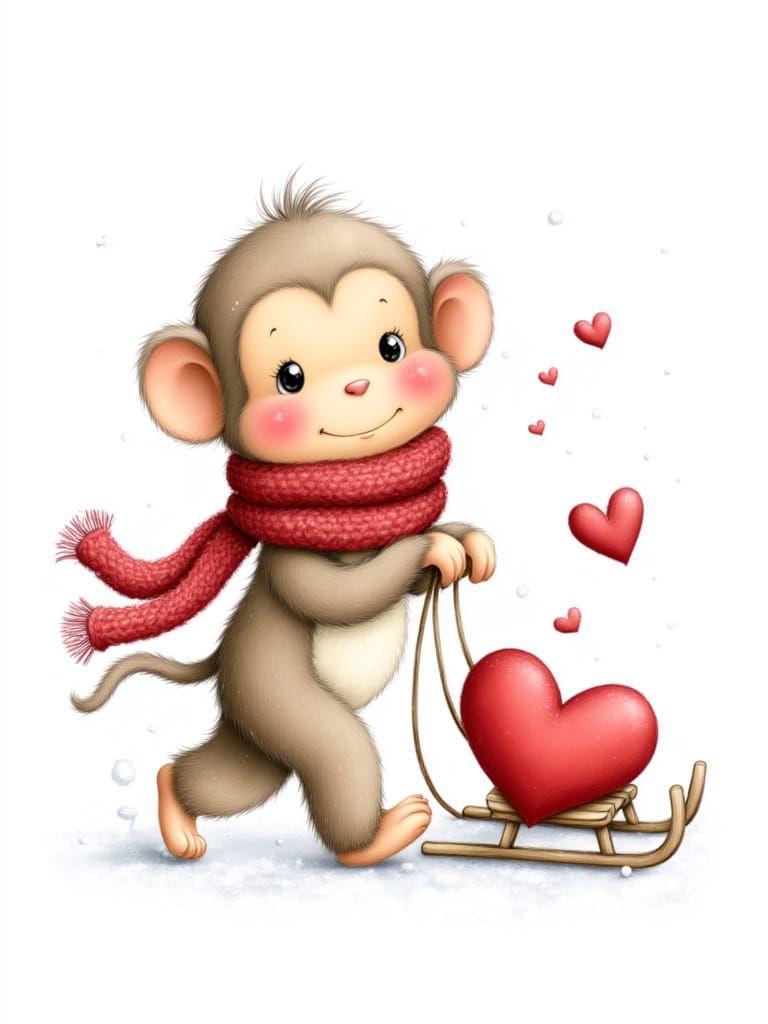 Full body sweet Monkey, wearing a red knitted scarf, gently pulling a heart-shaped sled, clean and crisp lines, isolated on a white backgrou...