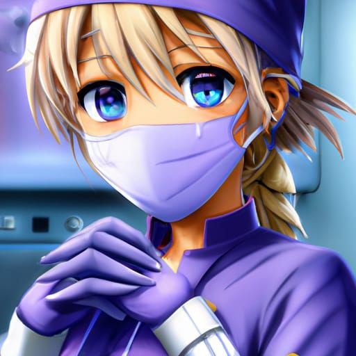 an illistration of a cute surgical nurse with bright grey ey...