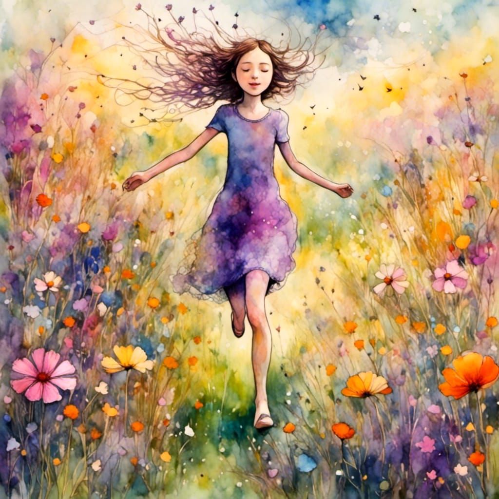 <lora:Liquid Ink:1.0> A happy girl is running in a flower meadow 