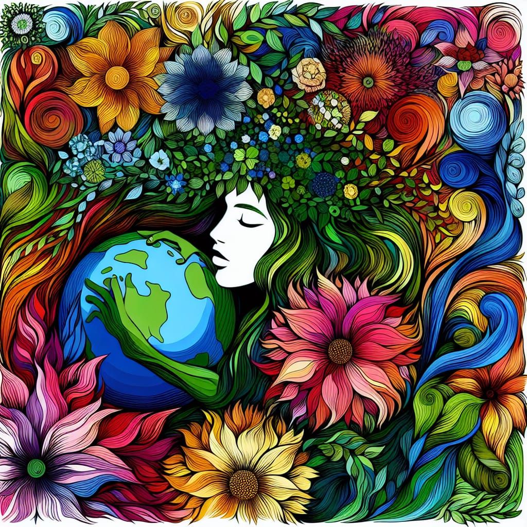 Sweet Gaia Mother Earth covered in vibrant flowers in Art Brut Style ...