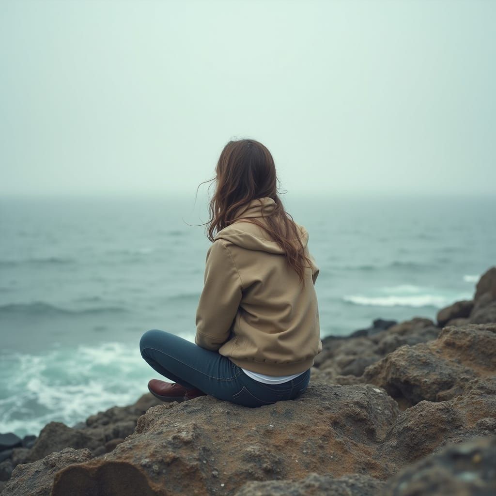 Woman on Rocky Shoreline in Dreamy Digital Art