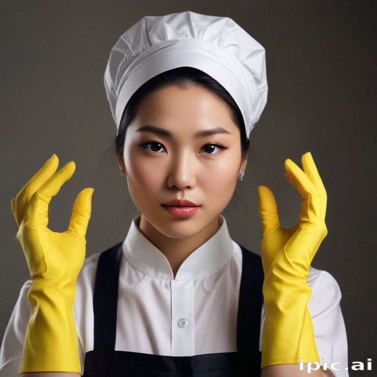 Tired korean scullerymaid aged 30 wearing a rubber apron, a headscarf and yellow household rubbergloves (2)