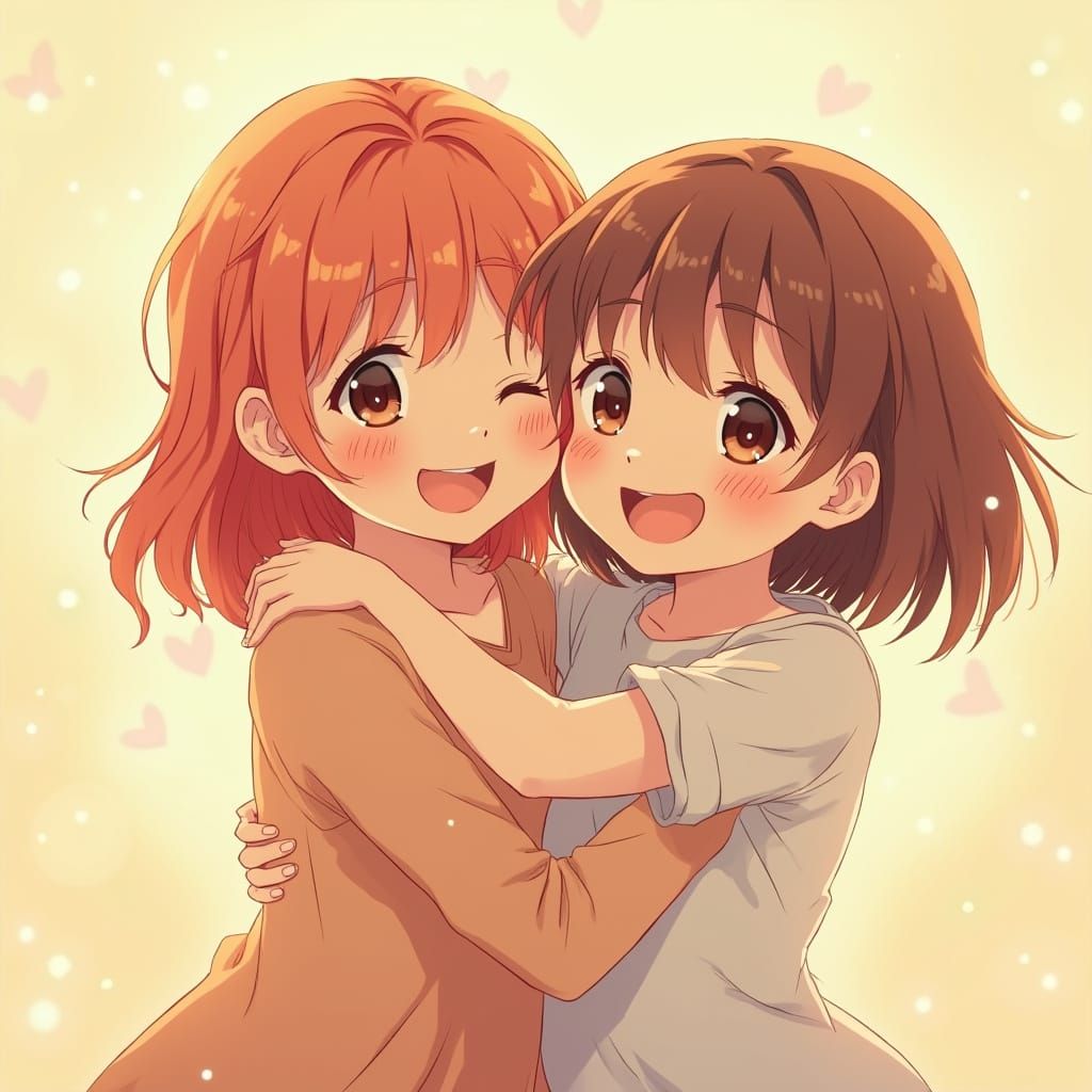 Little Girl Hugging Sister in Anime Key Visual Style