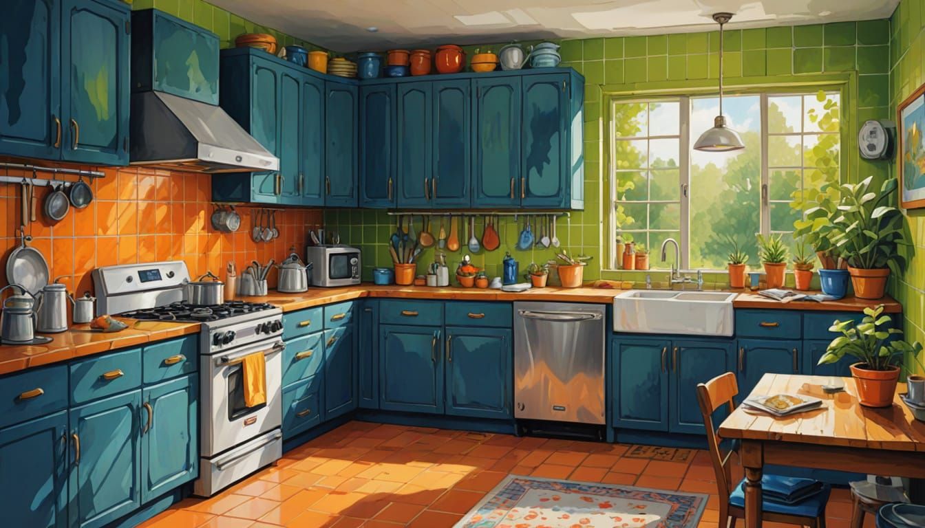modern kitchen, modern comic book style, moebius, ghibli, erin hanson, gouache, watercolor, mossy green, indigo blue, orange, yellow, white,...