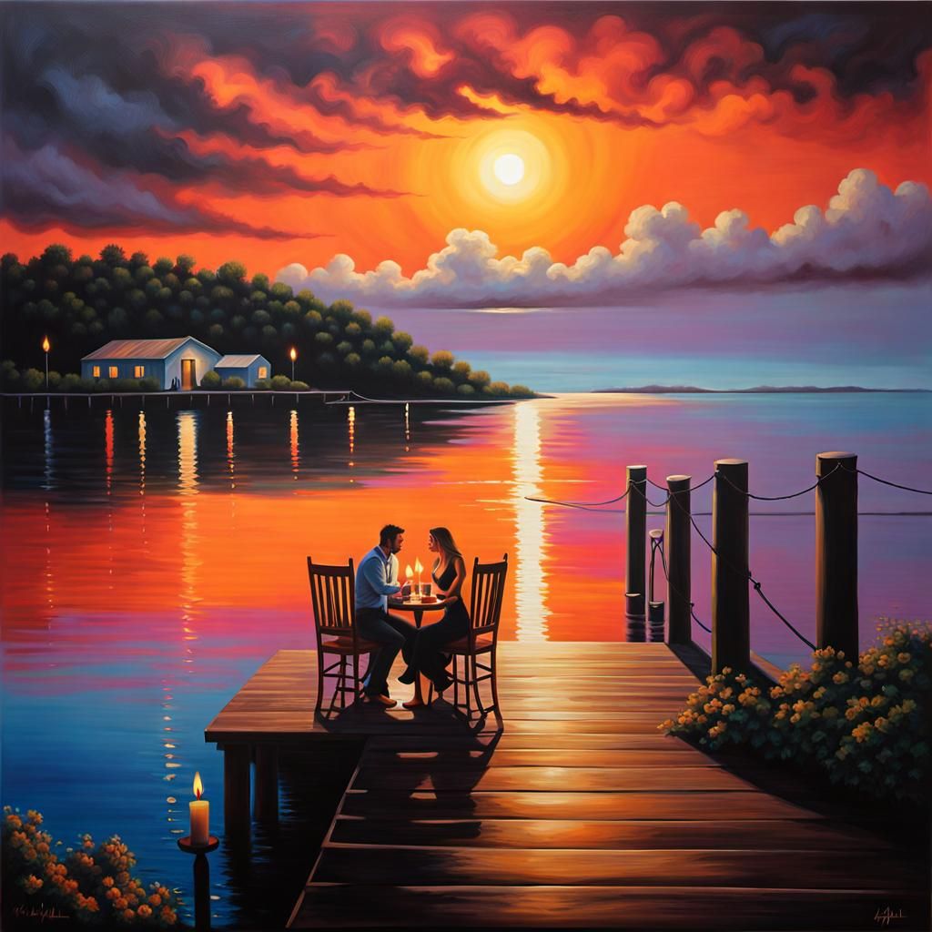 In the style of  Rafael Santi, a young couple sitting opposite each other at a round table set with plate ...  by @Jen