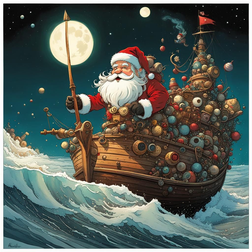Santa Claus and Reindeer Sailing: Digital Art