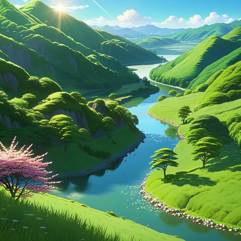 Astronishing hills, river and trees, Spring with dragonflyes