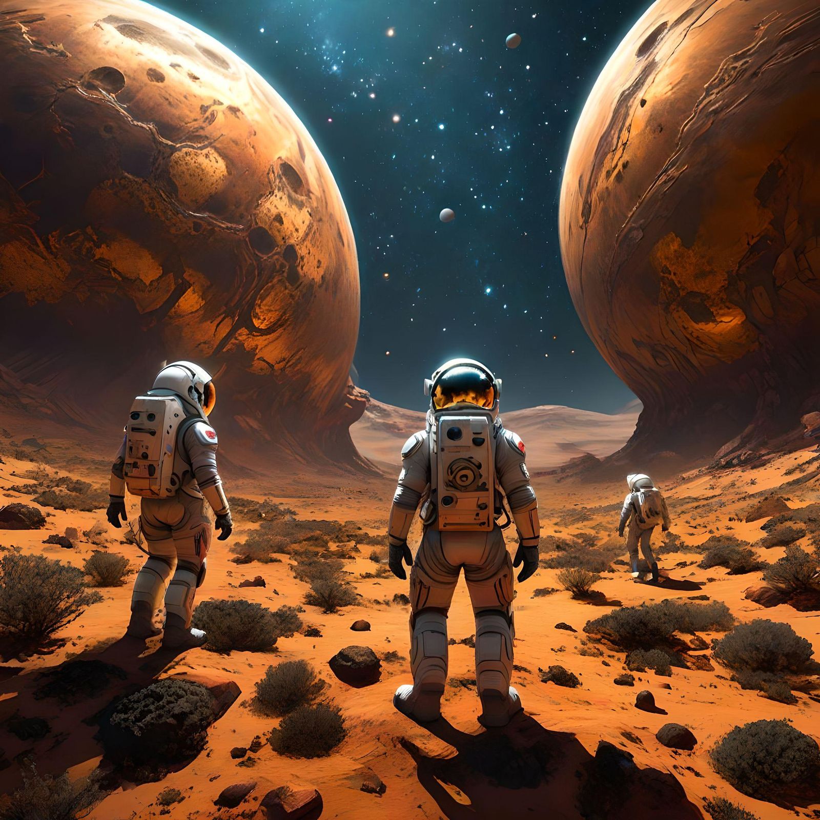 Astronauts exploring a strange red planet