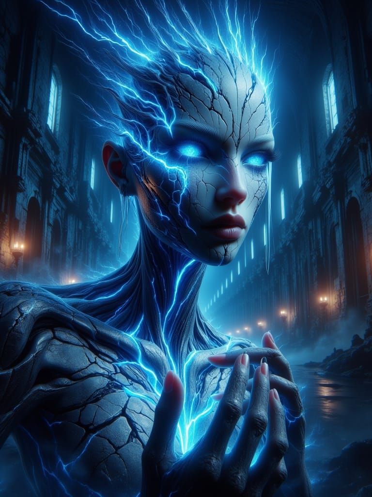 Humanoid Dark Ferro fluid robot blue electric light from within it's body blends in to a decrepit castle at night in a c...