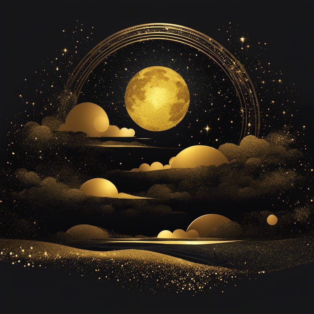 glitters  black sky with golden rays, on the golden moon