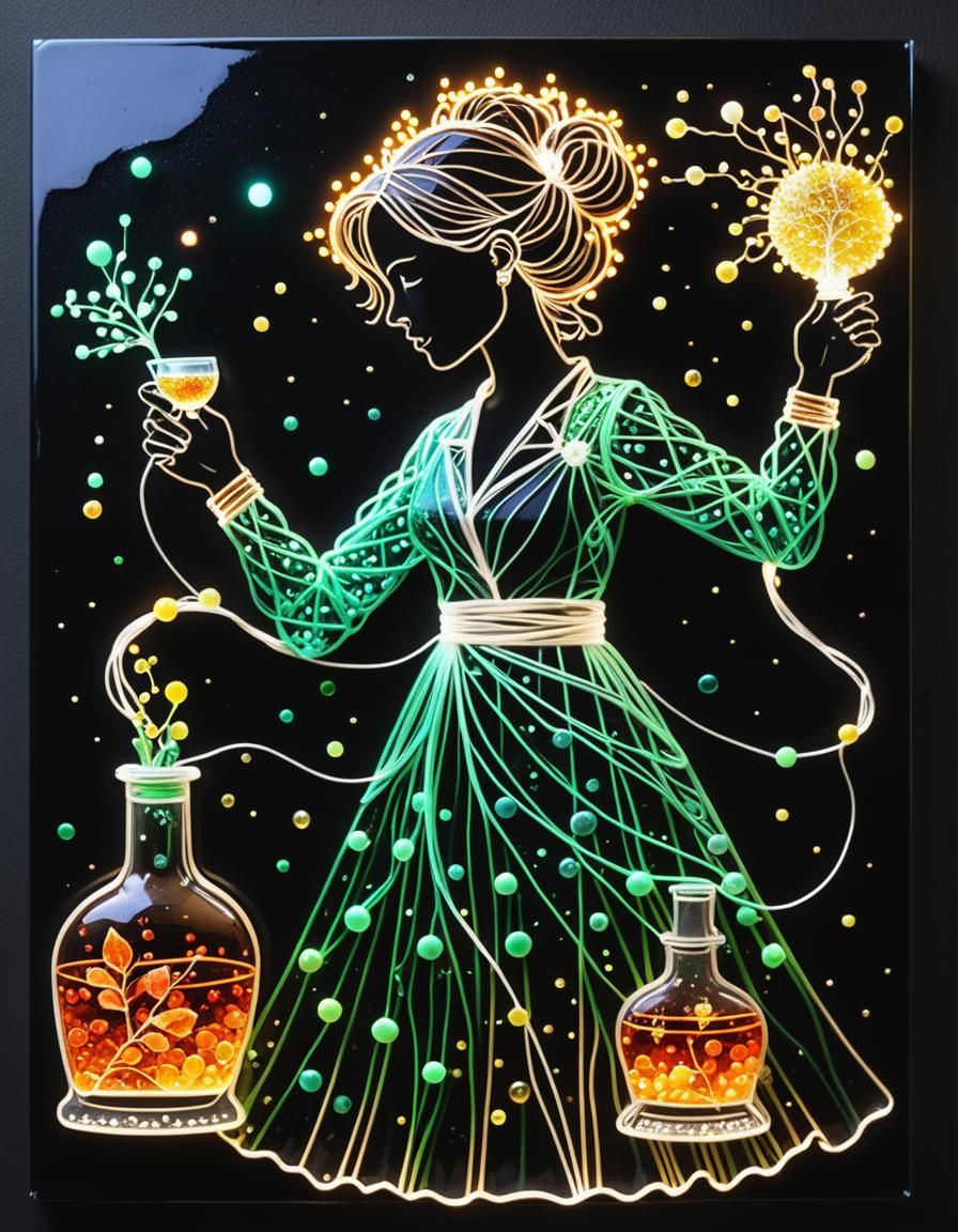 (Chemist, laboratory 9.9), (alcohol ink 9.9), (GLOWING string art, glittercore 9.9), (Lotte Reiniger 9.9), (BLACK BACKDROP 9.9)  by @Sassy Sheri