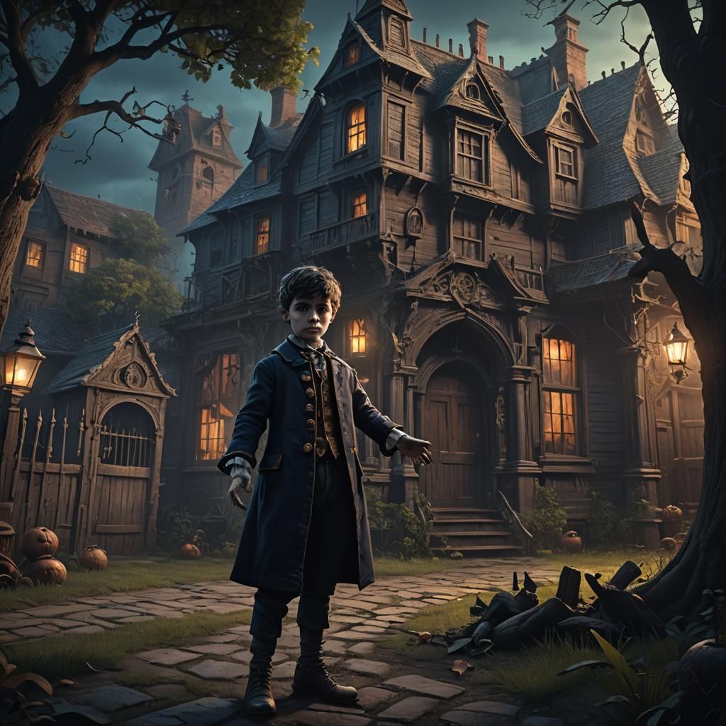 a shadow kid, in the dark night, in a yard of a haunted hous...