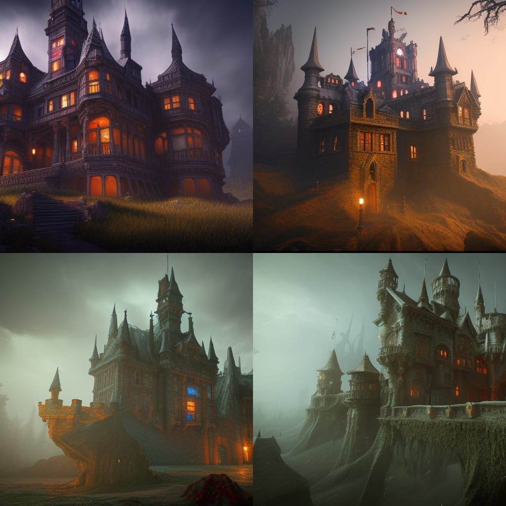 Haunted castle with ghosts detailed matte painting, deep col...