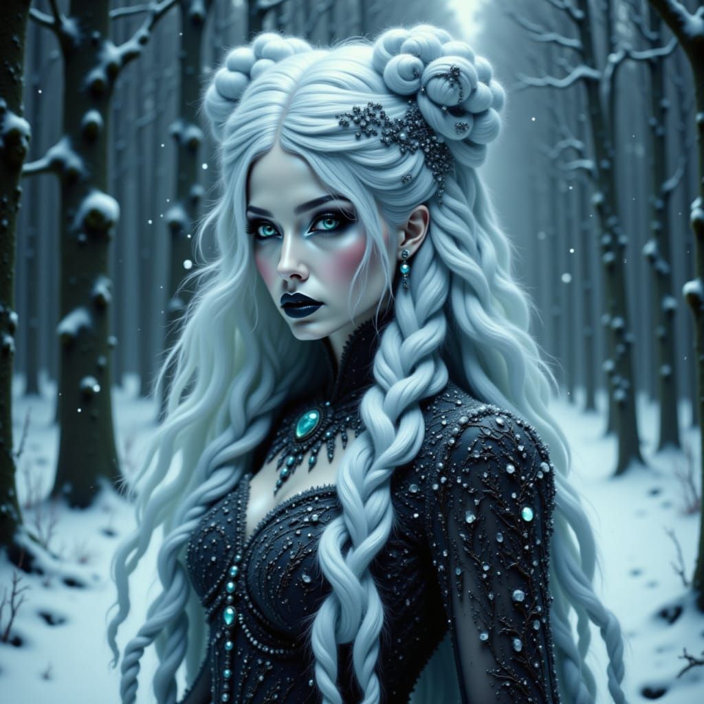 <lora:Big Hair Test Run:1.0> big hair, full-body image of a mystical frost queen with porcelain-like skin. She is dressed in an elegant dres...