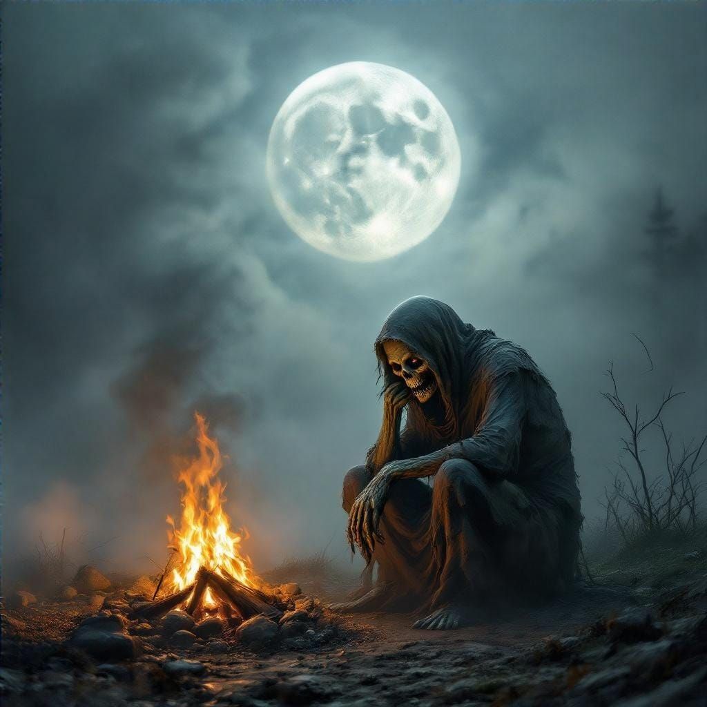 The ghoul warms itself by a fire, ignoring that the moon seen through the fog, has a mystical appearance.