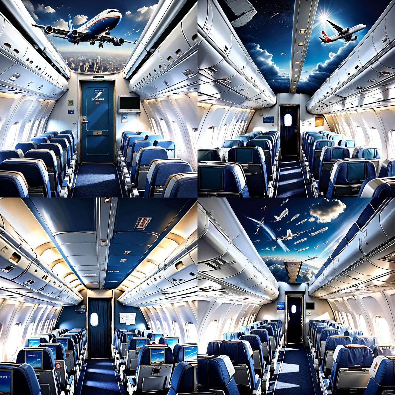 A photorealistic image of the chaotic interior of a Boeing 7...