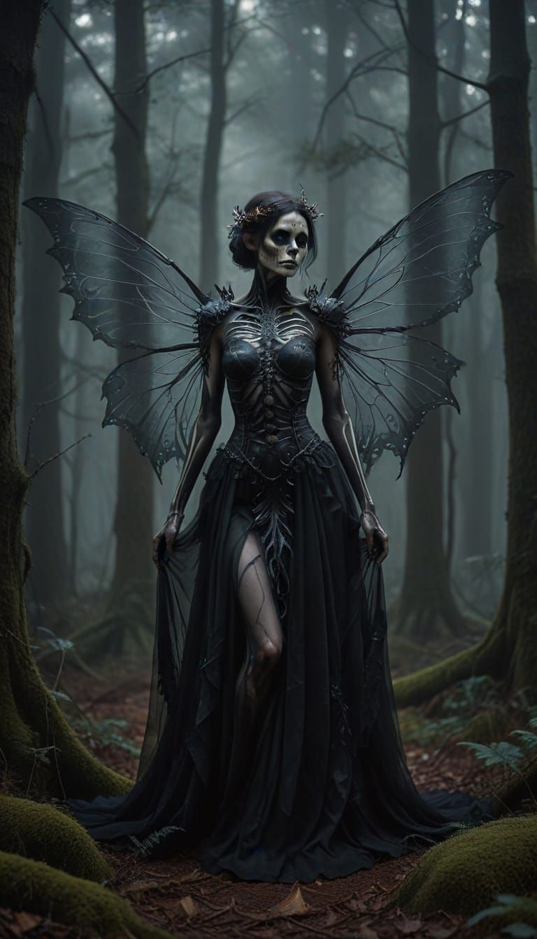 Picture a photographer at work in a dark foggy forest grove, capturing an ethereal half skeletal fairy necromancer with skeletal wings and a...