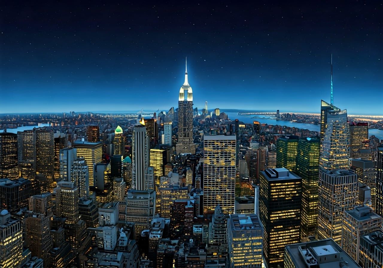 Night View of New York Skyscrapers in Comic Book Art