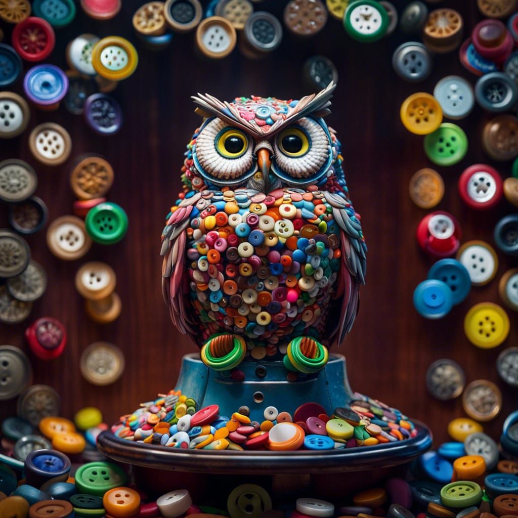 an owl made entirely of buttons and perched on a gumball mac...