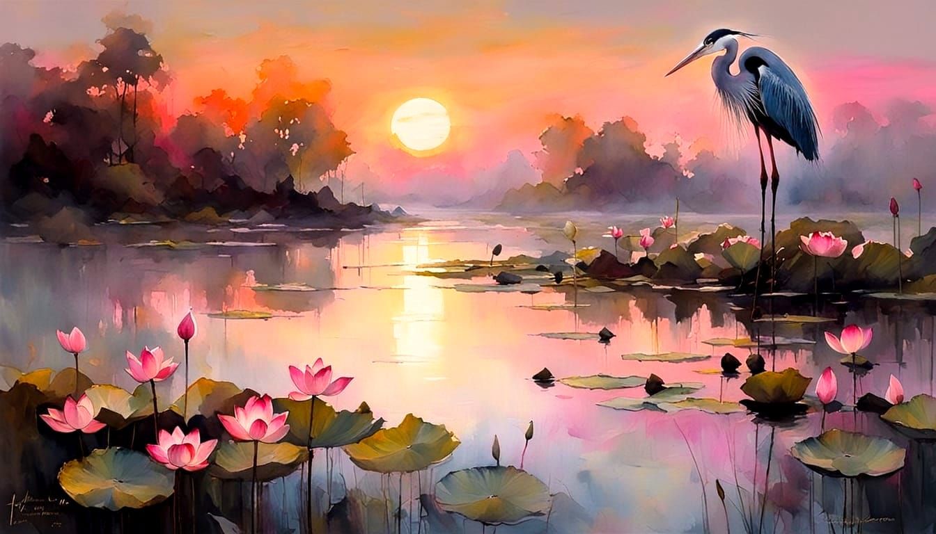 Fractal Exotic elegance, landscape, lotus lowers, rosy sunset, minimalist, fantasy art, painterly, masterpiece ...  by @Hugo Raul