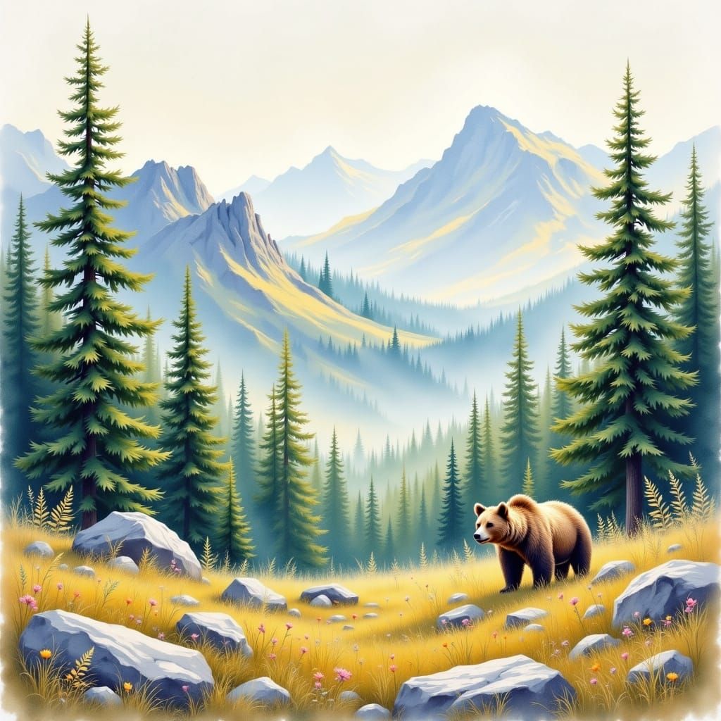 In Claude Monet style. Epic view of a deciduous forest biome with a grizzly bear present. Watercolor. <lora:Watercolor worlds 3:1.0> 