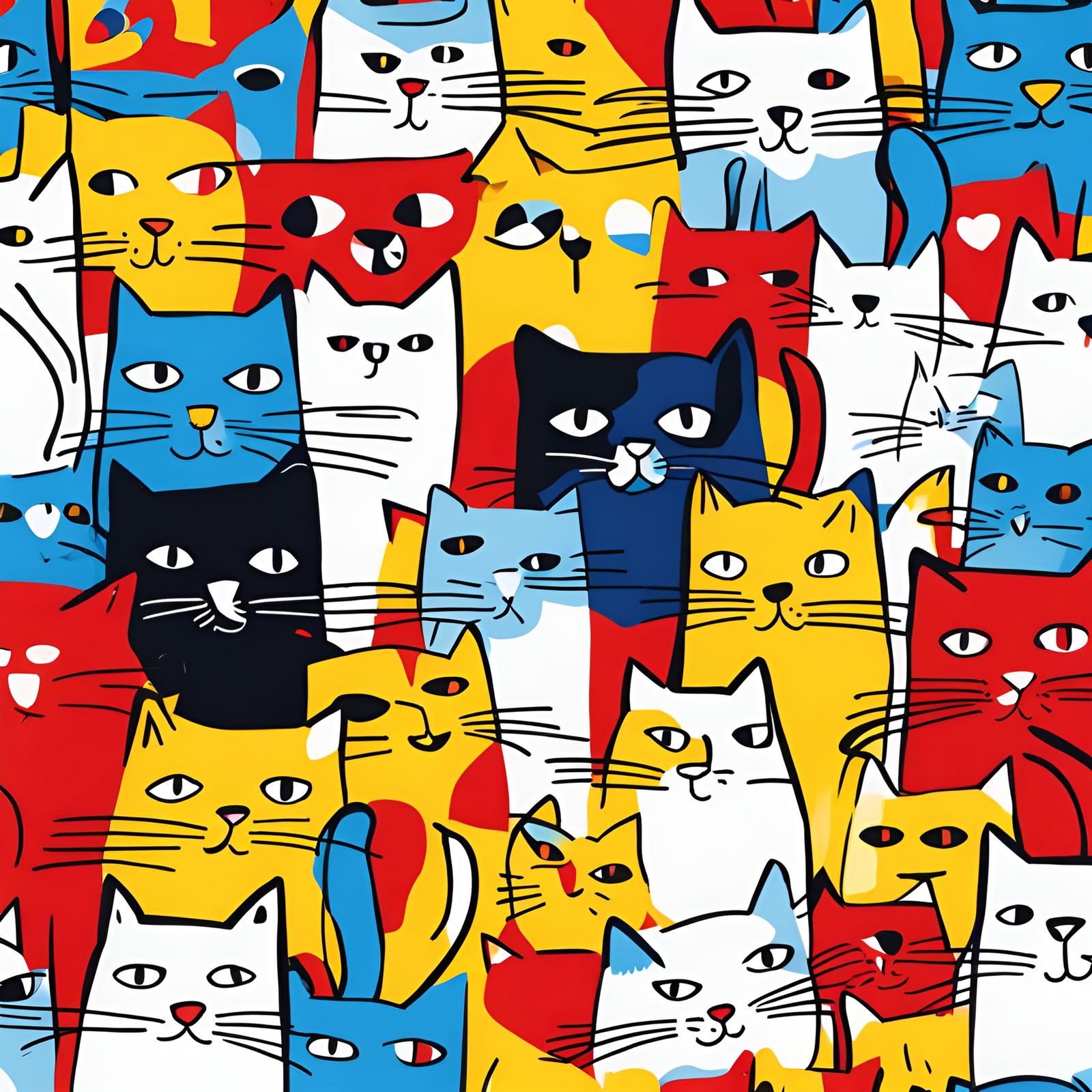 scribbly cat in red yellow and blue black silly childlike le...
