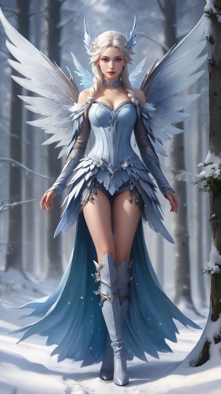 Winter fairy with wings in a snowy forest walking front view...