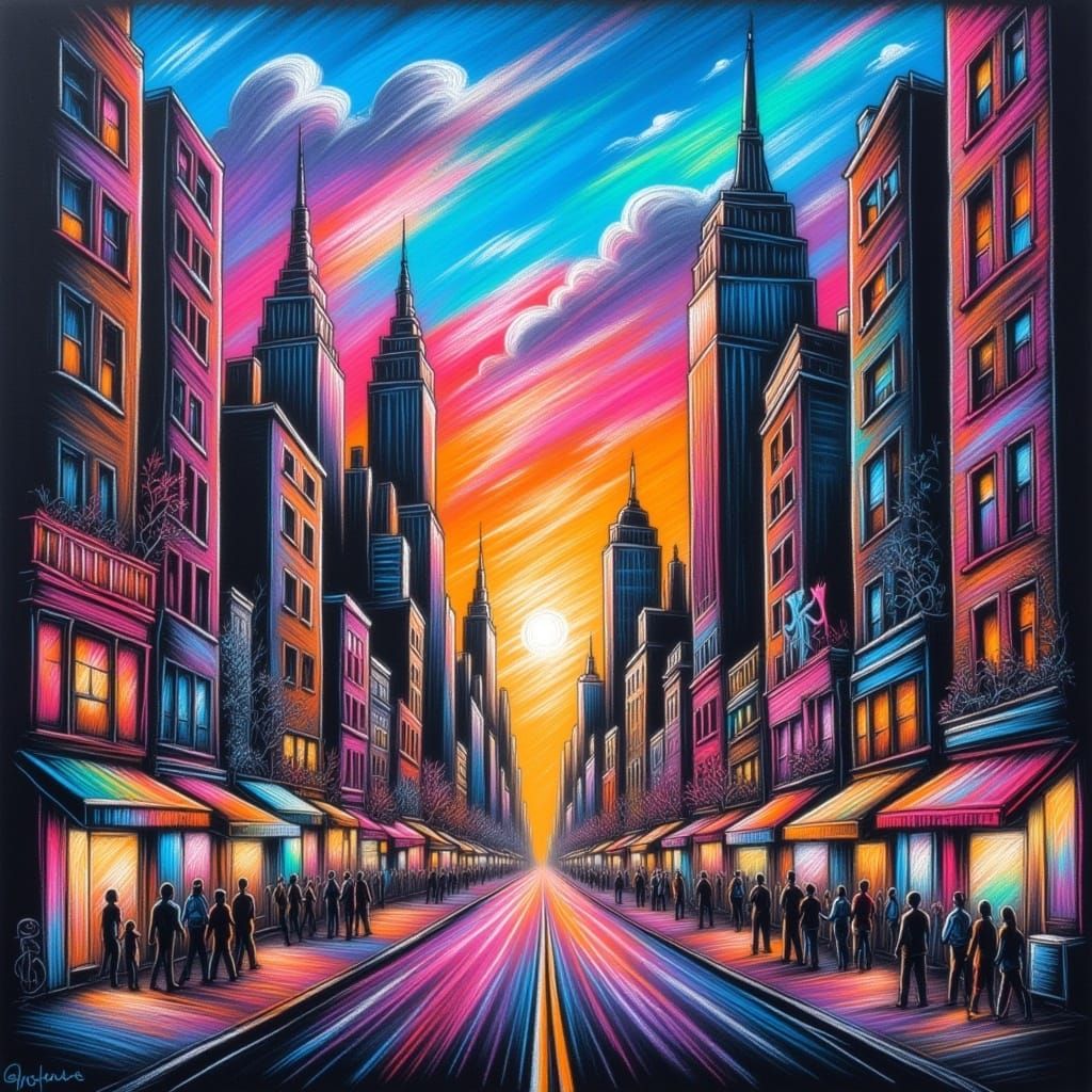 City scape drawn in <lora:Chalk Art 2:1.0> chalk art, using heavy strokes, street art