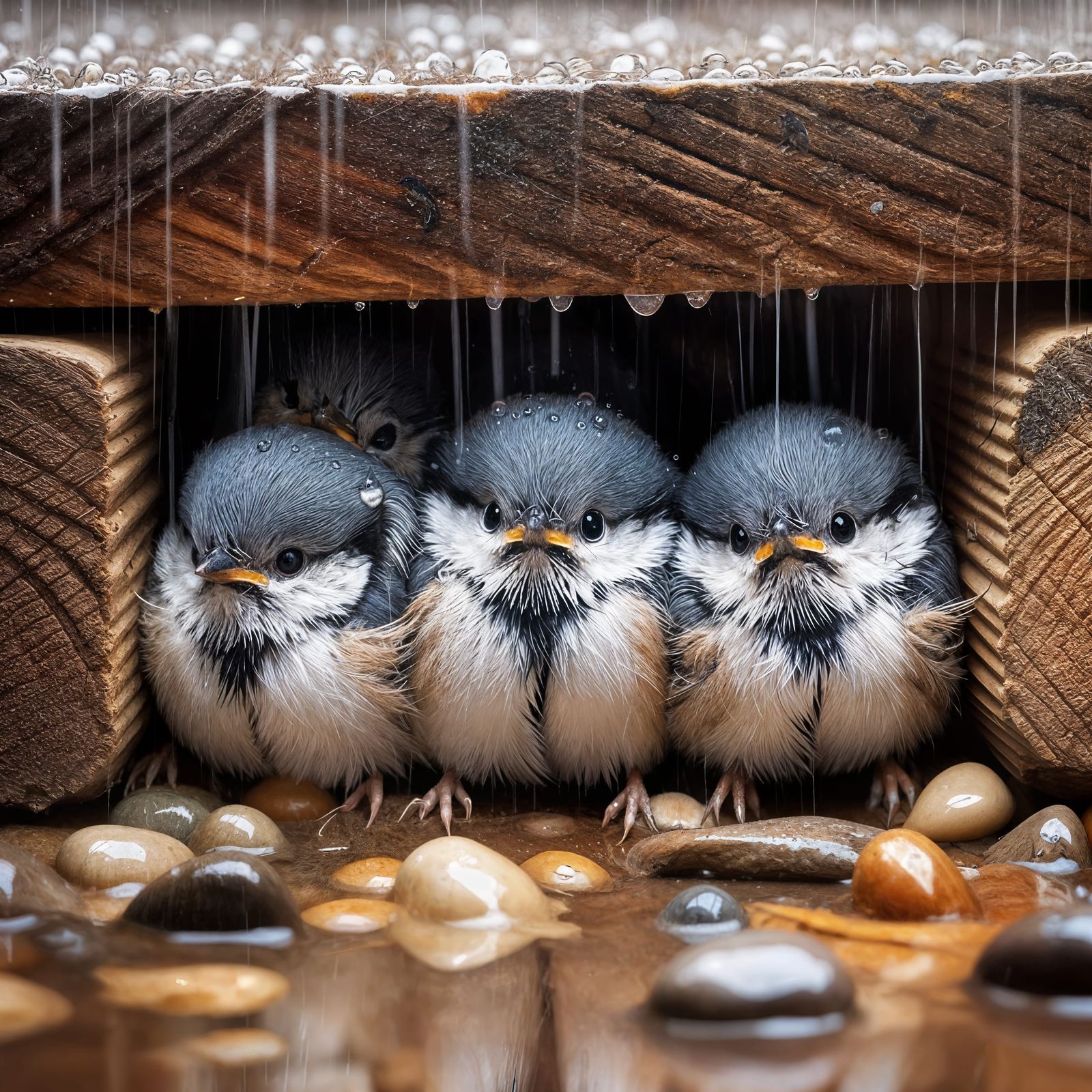 Four titmice hid from the rain