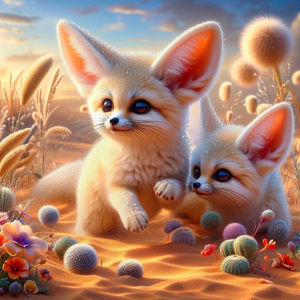 Fennec Foxes With Dew Drops In The Desert - Ai Generated Artwork 