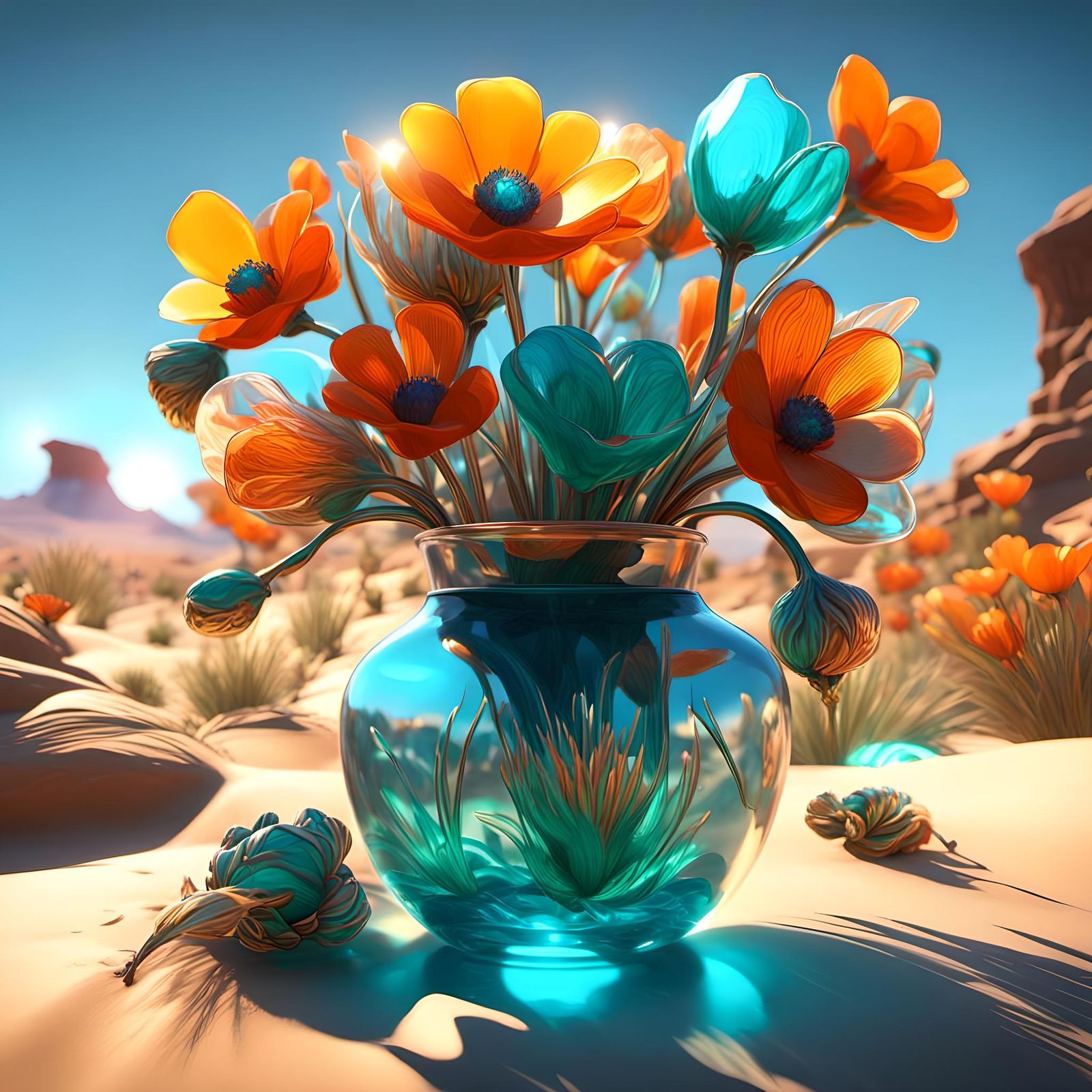 Thr blown glass desert flowers, on a sunny morning, soft winds AI