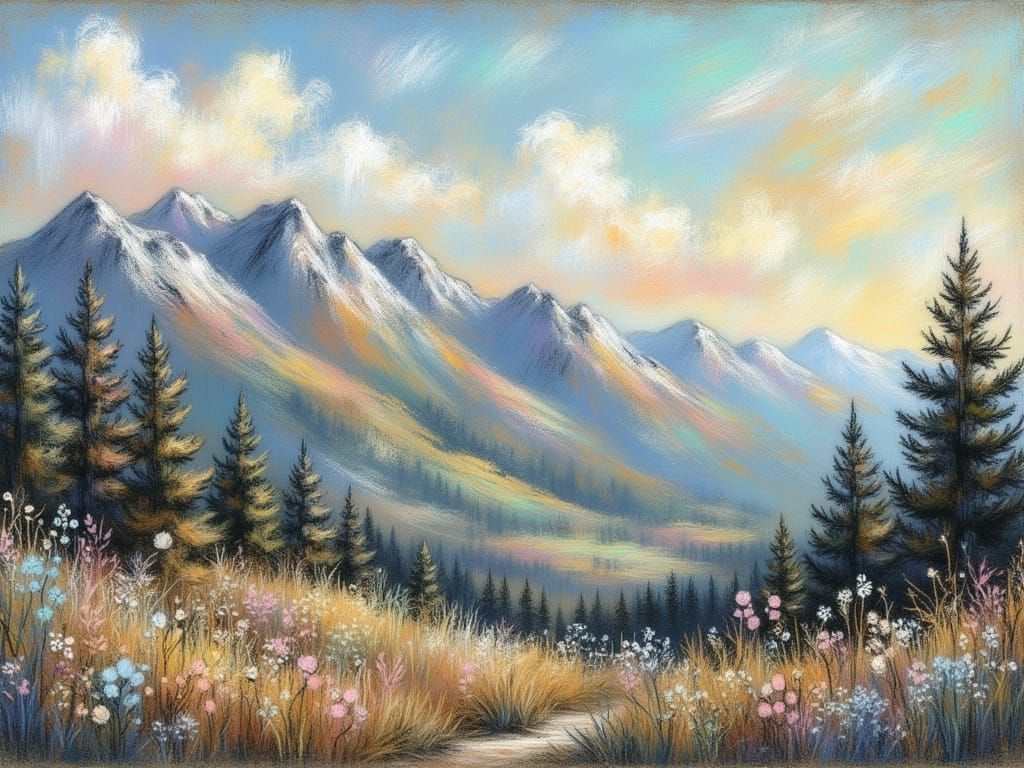 <lora:Chalk Texture-2:1.0> Beautiful landscape with mountains, chalk texture.