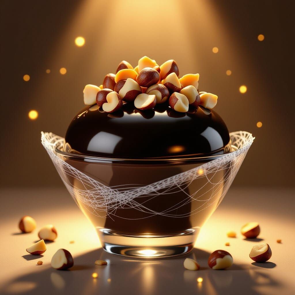 A dark chocolate mousse coated in glossy black glaze, topped with caramelized hazelnuts encased in spun sugar. The sugar threads glow warmly...