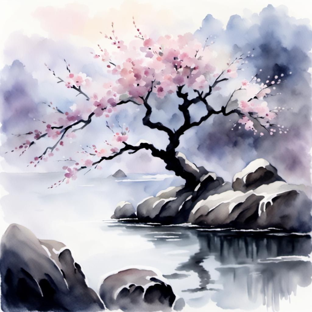 A minimalist watercolor painting of a lone cherry blossom tree in full bloom standing beside a serene ...  by @GRAZYNA-BARBARA