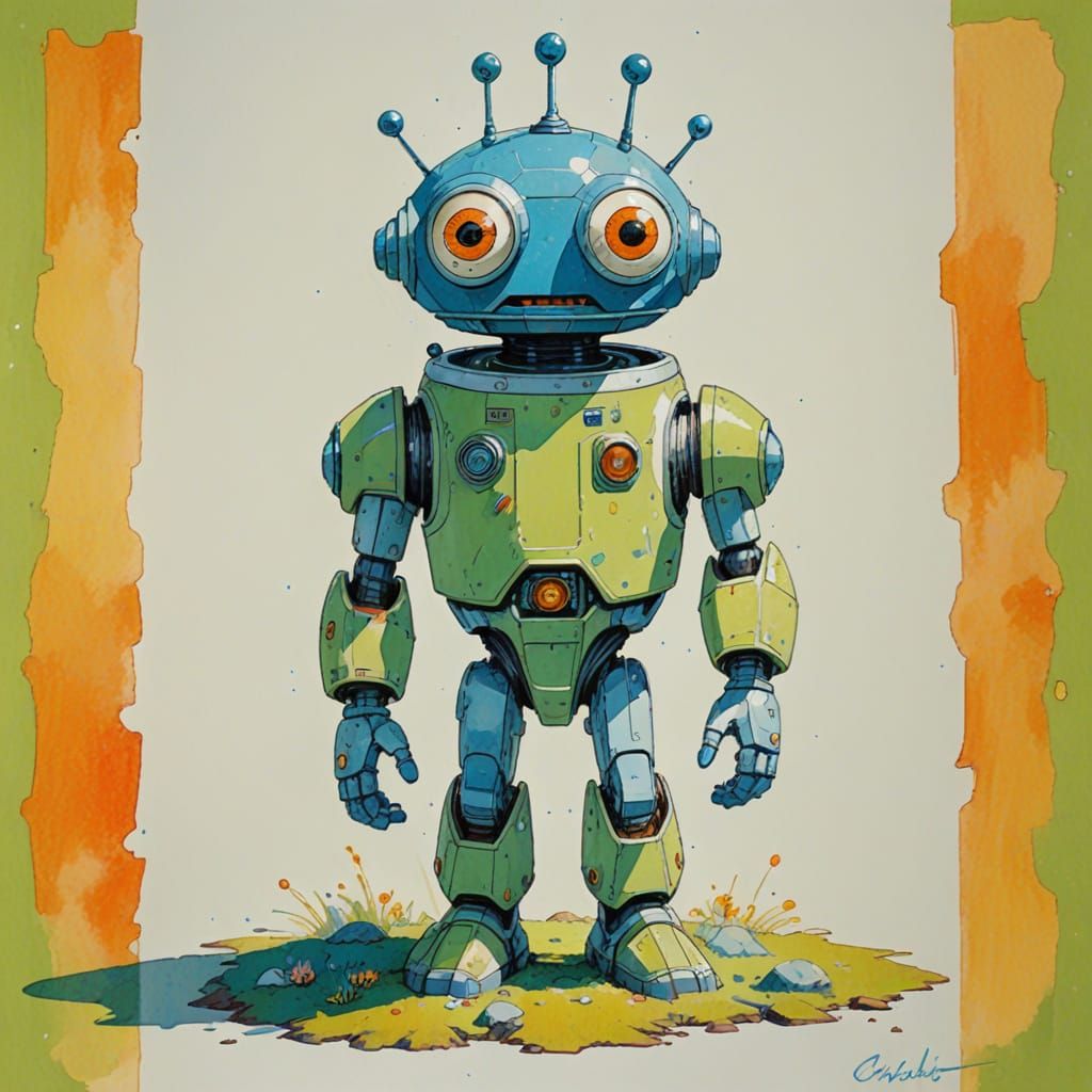a small android with 3 eyes, 3 eyes, on spaceship, white, pastel mossy green, pastel indigo blue, pastel orange yellow, gouache, watercolor,...