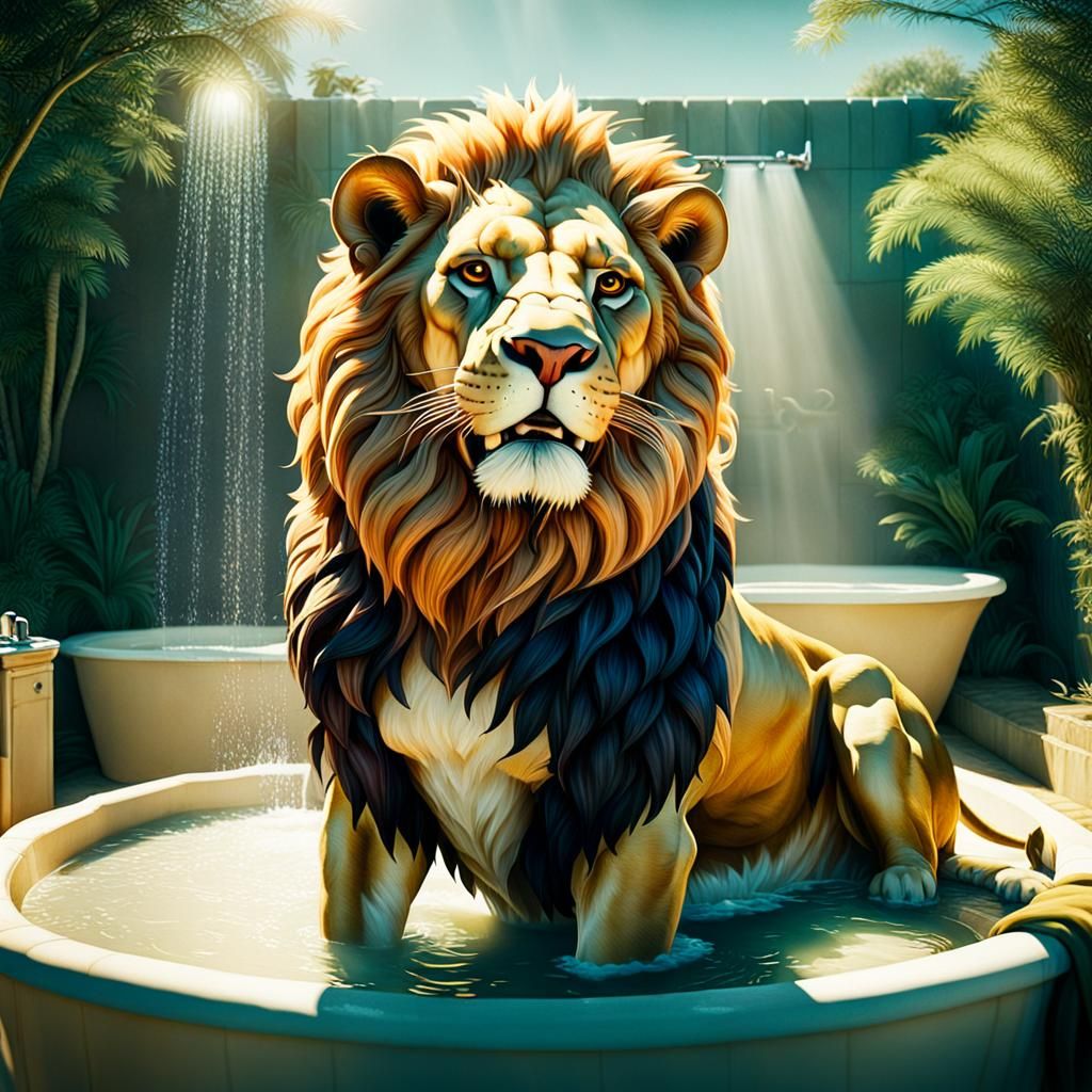 Lion in a dress bathing in the sun