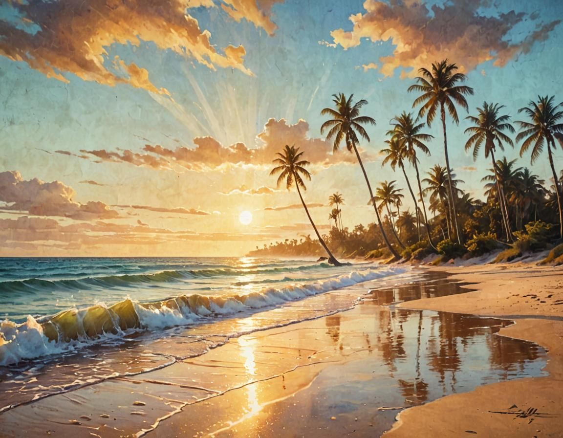 thick brush strokes, grunge style, Surreal dreamscapes. Medium shot. Gentle waves wash over the serene shore, where delicate palm trees stan...