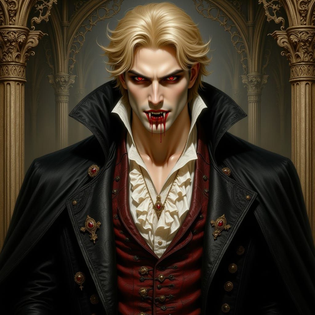 A handsome blonde vampire man with vampire fangs dripping blood, wears a medieval outfit.  In the style of vampire with fangs. <lora:Elite V...