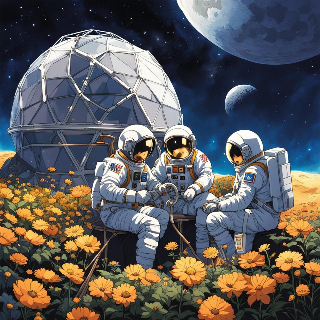 Three men in spacesuits tending to the flowers in a geodesic...