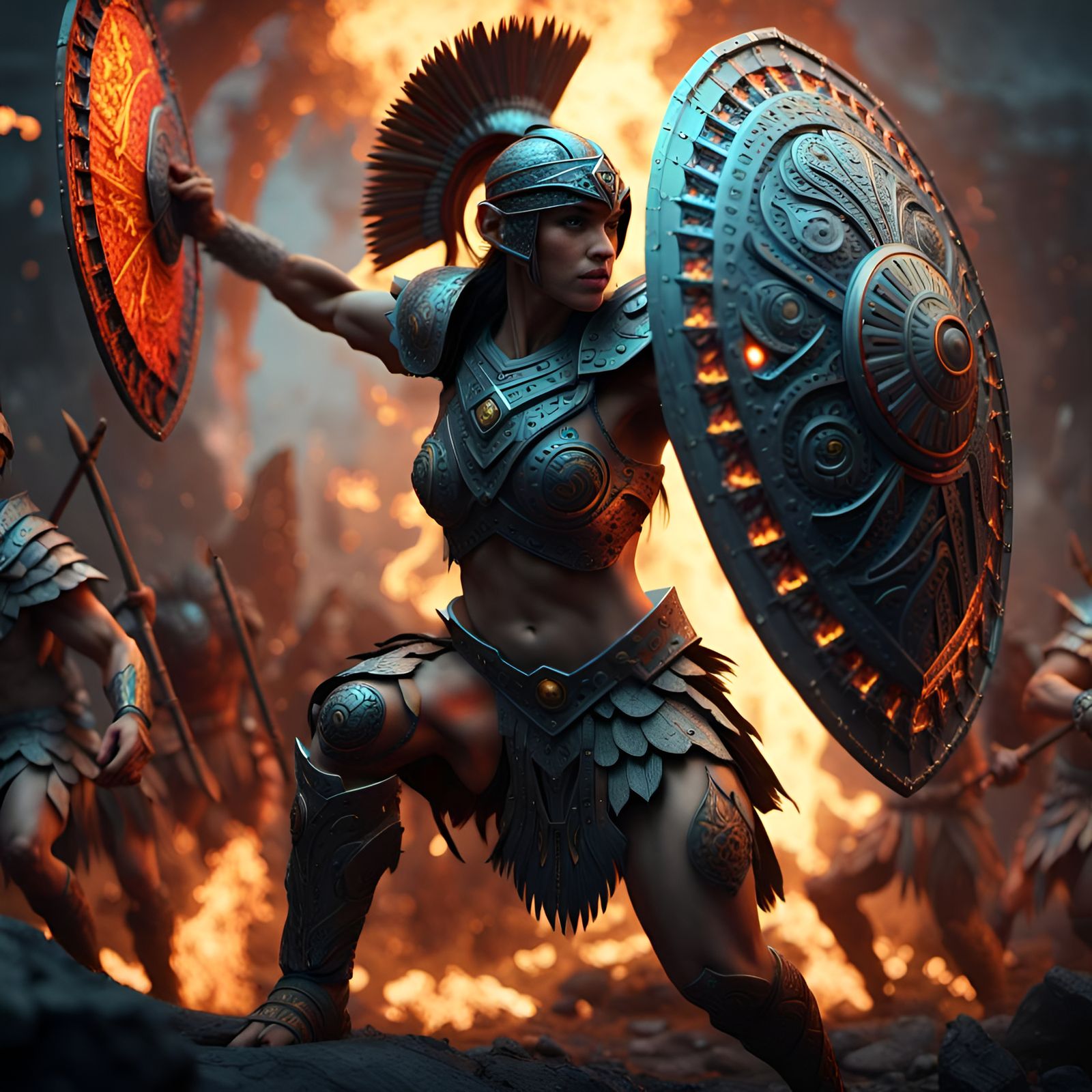 Ultra 4k Cinematic view of hypertetxured gorgeous warriors with hyperdetailed tri color intricate design ...  by @Showy