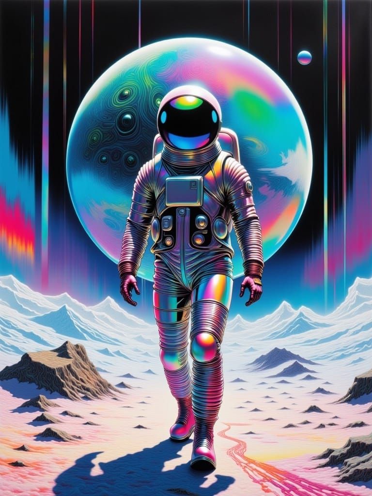 Moon walk, by Makoto Shinkai, James Jean, and Jean-Baptiste Monge outer space, iridescent colors, elaborate sci-fi synthwave retrofuturism,...