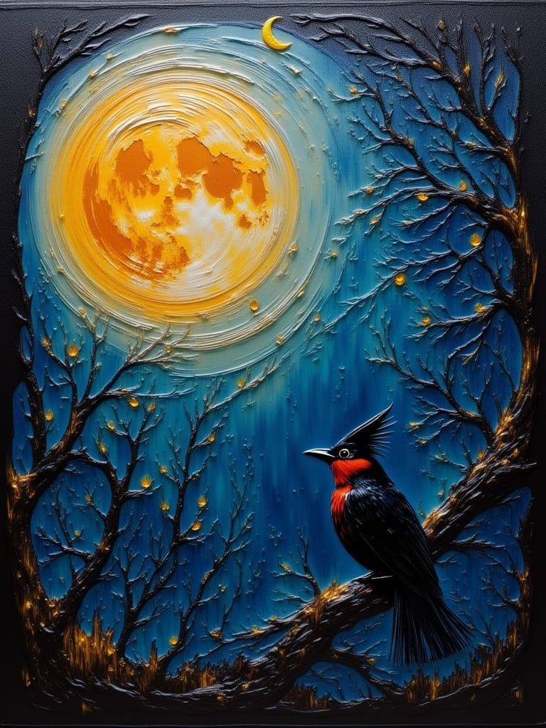 <lora:MoonNight2:1.0> heavily textured impasto, midnight bird spirit